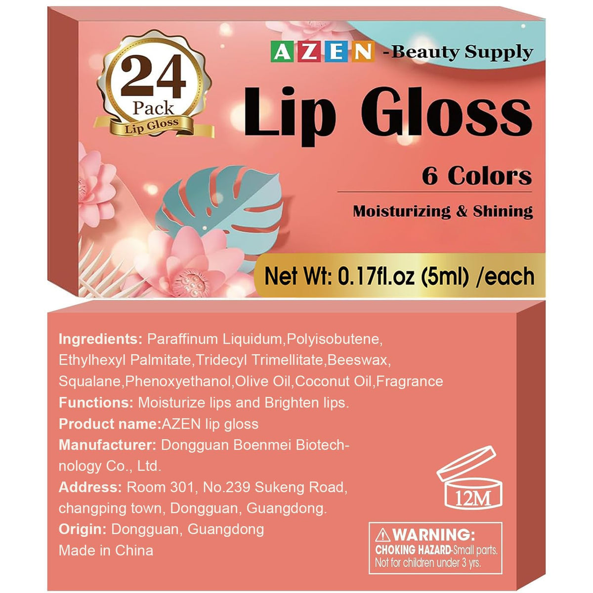 AZEN 24 Pack Lip Gloss Set, Color Lip Oil for Dry Cracked Lips Moisturizing Hydrating Nourishing with Vitamin E AZEN