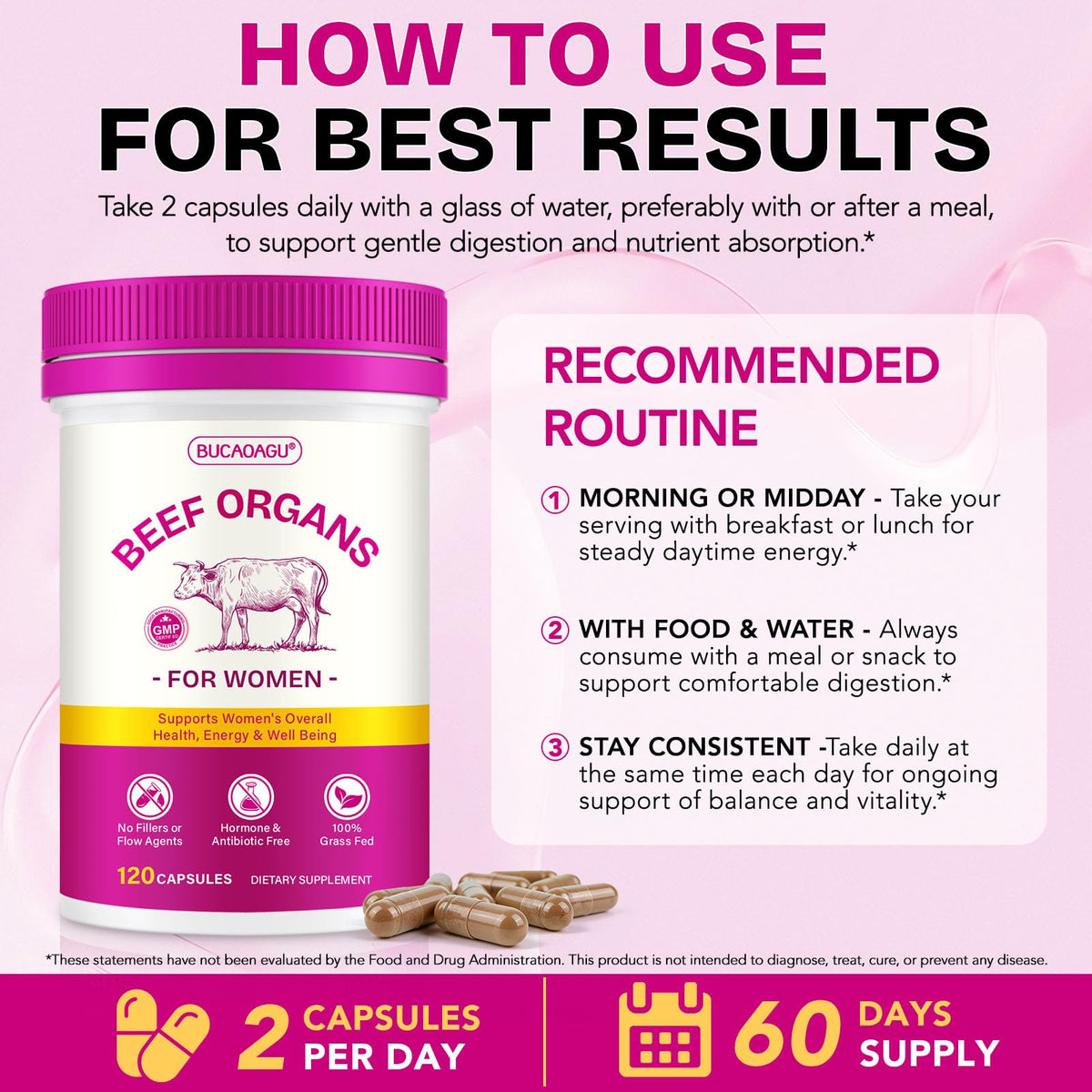 Beef Organ Supplement for Women - Grass-Fed Beef Liver, Kidney, Heart, Uterus, Ovary - Supports Female Energy & Hormone Balance - Pasture Raised in New Zealand BUCAOAGU
