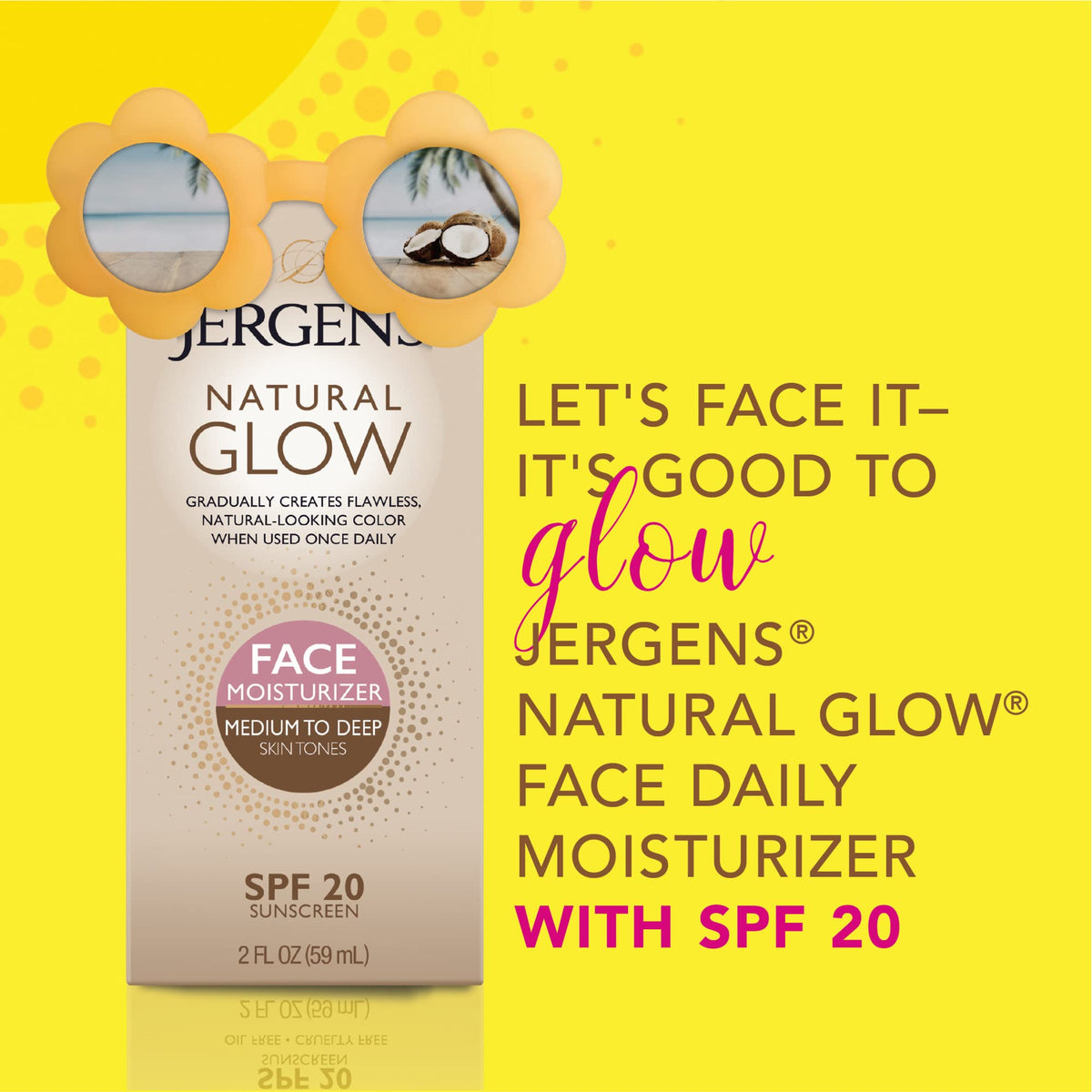 Jergens Natural Glow Self Tanner Face Moisturizer with SPF 20 Facial Sunscreen, Medium to Deep Skin Tone, Sunless Tanning, Oil Free, Broad Spectrum Protection UVA and UVB, 2 oz (Packaging May Vary) Jergens