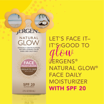 Jergens Natural Glow Self Tanner Face Moisturizer with SPF 20 Facial Sunscreen, Medium to Deep Skin Tone, Sunless Tanning, Oil Free, Broad Spectrum Protection UVA and UVB, 2 oz (Packaging May Vary) Jergens