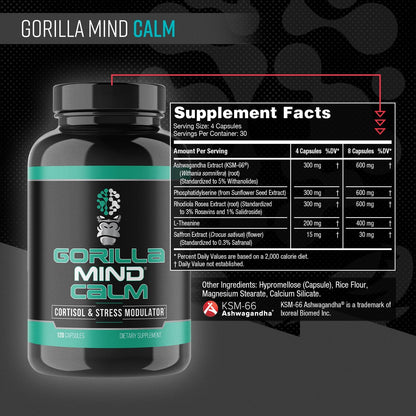 Gorilla Mind Calm (120 Capsules) - Potent Relaxation & Stress Reduction | Cortisol & Stress Modulator | Enhanced Recovery