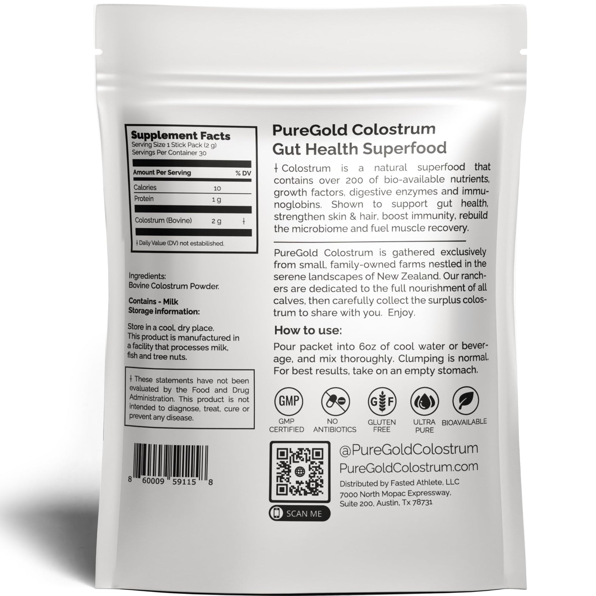 PureGold - Bovine Colostrum Powder - 100% Pure New Zealand Grass Fed, Supports Gut Health, Skin, Hair, & Immunity – Colostrum Supplement, Unflavored, 30 Travel Packets Fasted Athlete buy australia supplements