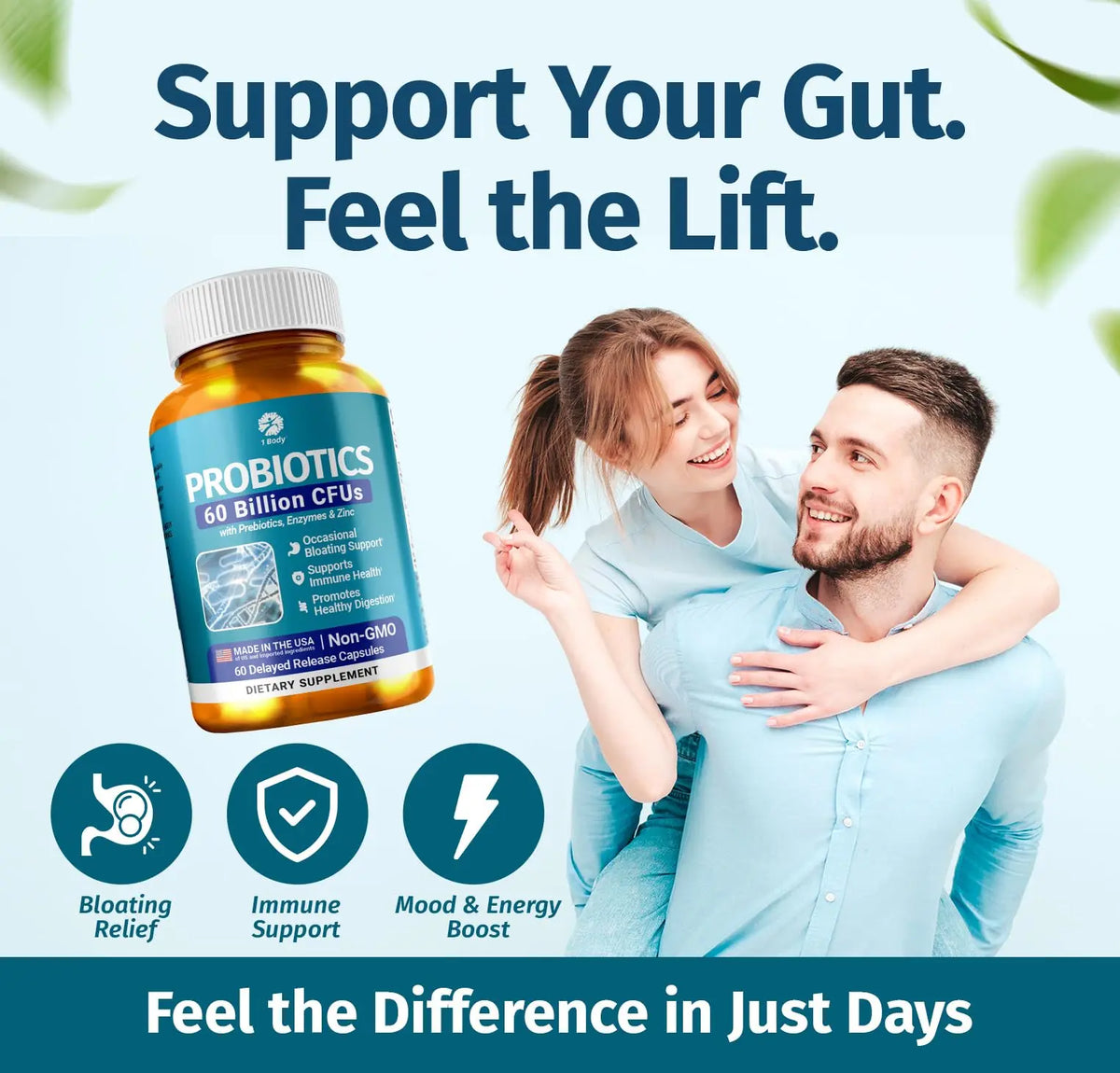 1 Body Probiotic 60 Billion for Men & Women, Gut Health Support with Prebiotics, Digestive Enzymes, Zinc & L-Glutamine, Non-GMO, 60 Vegan Capsules 1 Body