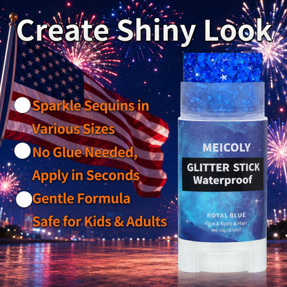 MEICOLY Royal Blue Face Hair Glitter Stick,USA Flag Makeup for Memorial Day Veterans Day,Halloween Waterproof Body Glitter Rave Accessories Blue Field Day Accessories MEICOLY