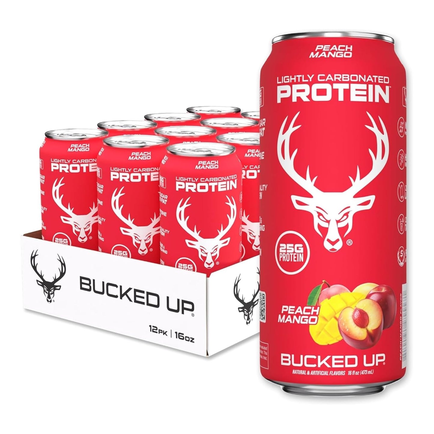 Bucked Up Lightly Carbonated Protein Soda | 25g Whey Isolate - Zero Sugar, Low Calorie, Caffeine Free, Clean Drink | Sparkling Protein Soda - 12 Pack, 16 oz Cans (Peach Mango)