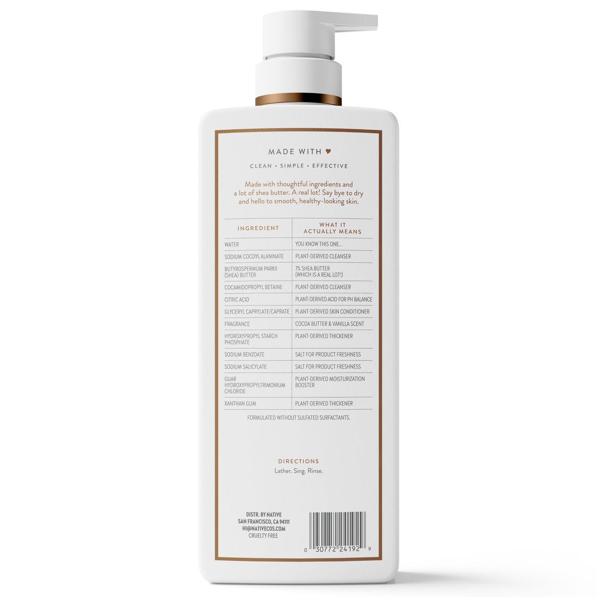 Native Moisturizing Body Wash, Clean & Gentle 24-Hour Hydration with Shea Butter, for Sensitive and Dry Skin, for Women & Men, Sulfate-free, Paraben-free, Cocoa Butter & Vanilla, 22 fl oz Native