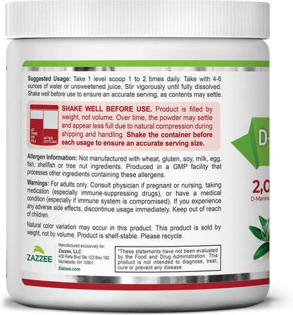 Zazzee D-Mannose Powder Plus, 2000 mg, 67 Servings, Free Scoop, Made in USA | Plus 5 Billion CFU Probiotics and Pure Cranberry Juice Extract, Kosher, 6.67 oz, Urinary Tract & Bladder Support, Non-GMO Gsupps Australia