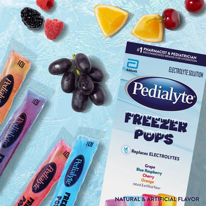 Pedialyte Electrolyte Solution Freezer Pops, Hydration Variety Pack— Grape, Blue Raspberry, Cherry, Orange, Pack of 64 Pedialyte
