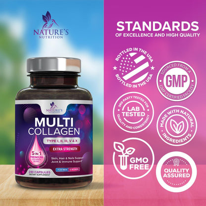 Multi Collagen Pills - Multi Collagen Complex 2400 mg Per Serving - Types I, II, III, V, X - Hydrolyzed Collagen Peptides Supplement - Hair, Skin & Nail Support Nature's Nutrition