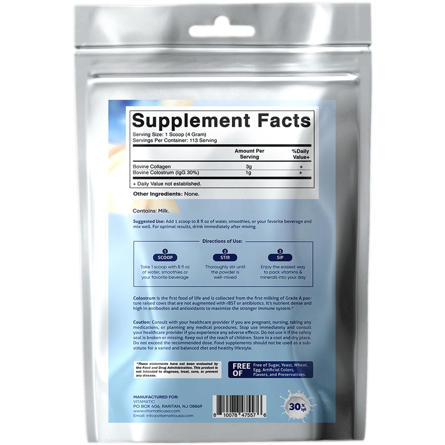 Vitamatic Bovine Colostrum + Collagen Powder - Supplement for Gut Health, Hair Growth, Beauty, Muscle Recovery, & Immune Support - Easy to Mix - Unflavored - 454 Gram, (16 oz) Vitamatic buy australia supplements
