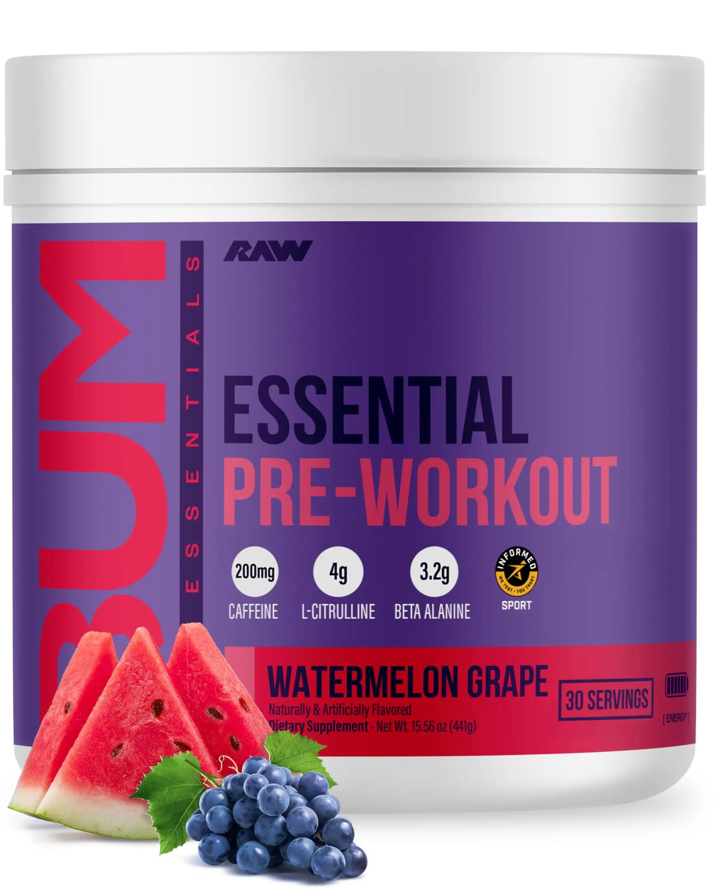 RAW Essential Pre-Workout Powder (Watermelon Grape) - Chris Bumstead Sports Nutrition Supplement for Men & Women - Preworkout Energy Powder with Caffeine, L-Citrulline, RAW