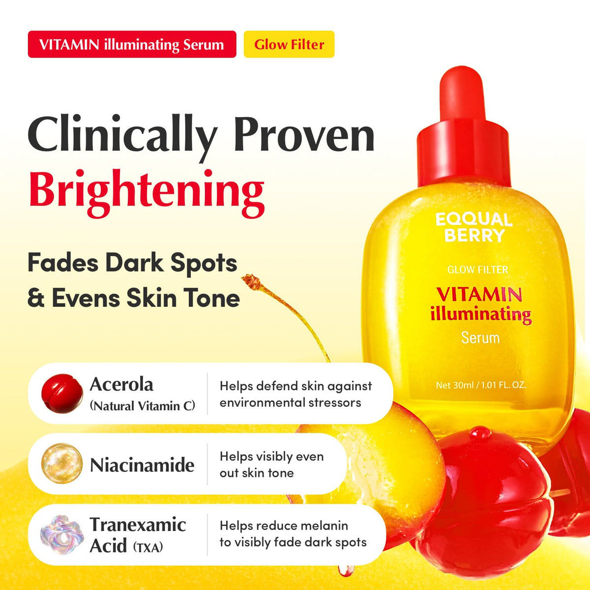 EQQUALBERRY Vitamin Illuminating Serum | Niacinamide 4% & TXA | Brightening Vitamin C Serum for Face Glow with Hyaluronic Acid | Dark Spot & Uneven Tone Care | Korean Skincare, 1.01 fl oz EQQUALBERRY