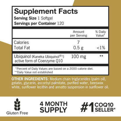 Qunol 100mg Ubiquinol, Powerful Antioxidant for Heart & Vascular Health, Essential for Energy Production Qunol