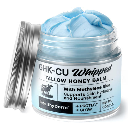 HealthyDerm Copper Peptides GHK-Cu Beef Tallow for Skin: Blue Balm with Methylene Blue, Manuka Honey & Vitamin E – Natural Face and Body Moisturizer for Mature, Dry & Sensitive Skin – 2oz HealthyDerm