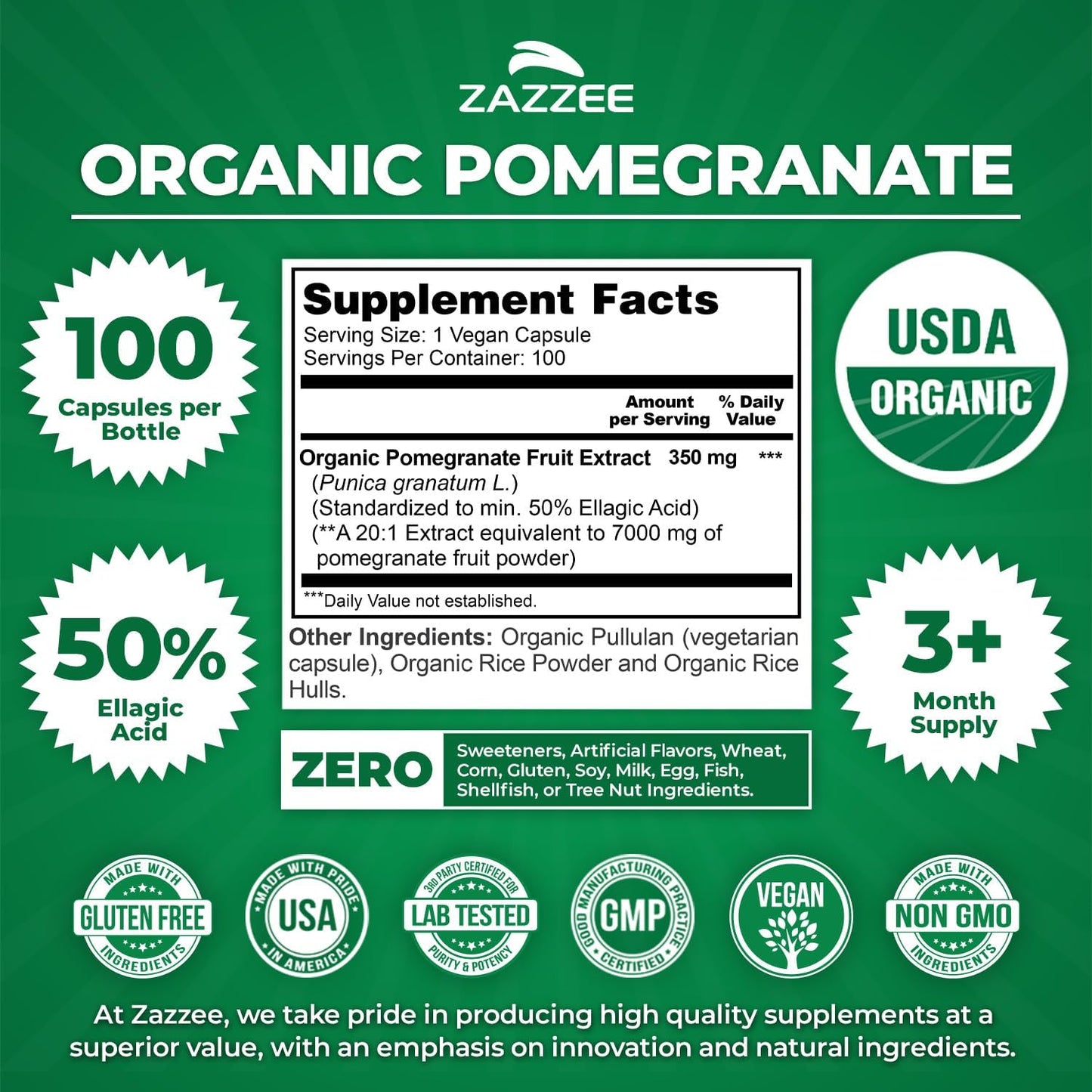Zazzee USDA Organic Pomegranate 20:1 Extract, 50% Ellagic Acid 100 Capsules | Vegan, 3+ Month Supply, Punica Granatum, Antioxidant, Immune & Polyphenol Support, All-Natural, Non-GMO, Made in the USA Gsupps Australia