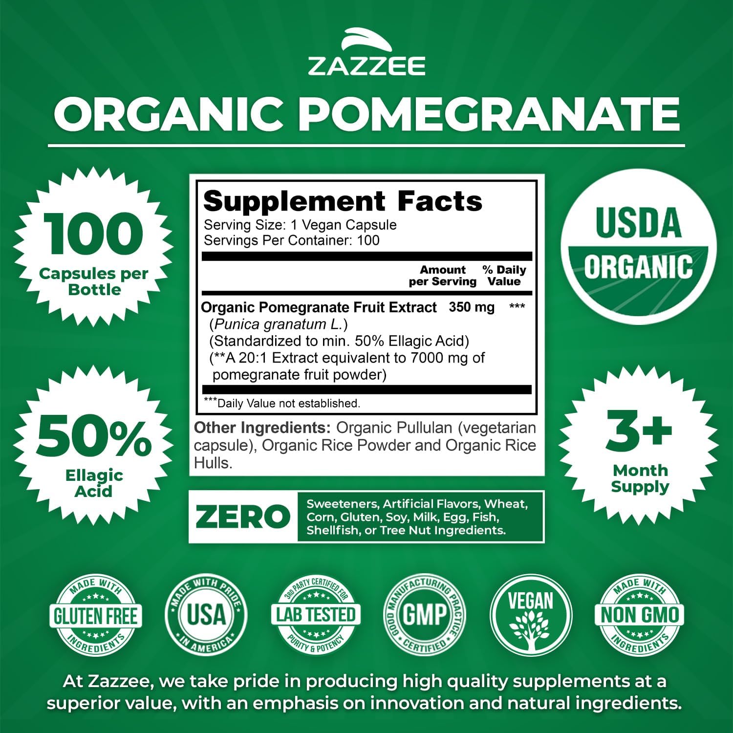 Zazzee USDA Organic Pomegranate 20:1 Extract, 50% Ellagic Acid 100 Capsules | Vegan, 3+ Month Supply, Punica Granatum, Antioxidant, Immune & Polyphenol Support, All-Natural, Non-GMO, Made in the USA Gsupps Australia
