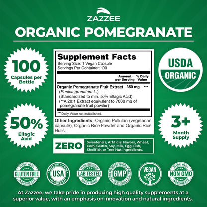 Zazzee USDA Organic Pomegranate 20:1 Extract, 50% Ellagic Acid 100 Capsules | Vegan, 3+ Month Supply, Punica Granatum, Antioxidant, Immune & Polyphenol Support, All-Natural, Non-GMO, Made in the USA Gsupps Australia