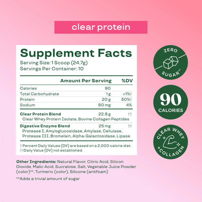 Bloom Clear Protein, Whey Protein Isolate with Collagen Peptides and Digestive Enzymes, 20g Protein, Sugar Free Post Workout Drink Mix, 90 Calories, Bloom Nutrition
