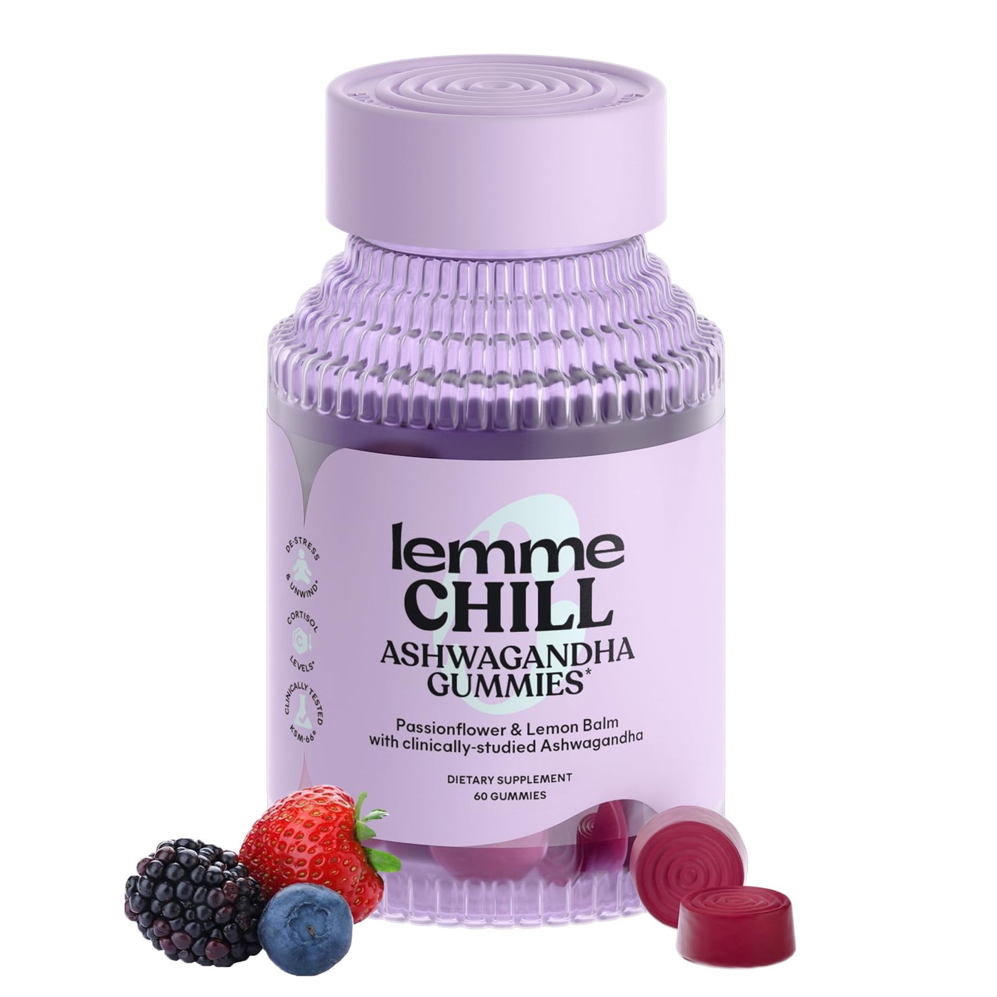 Lemme Chill Stress Relief Gummies with 300mg KSM-66 Ashwagandha, Lemon Balm, Passionflower & Goji to Support Relaxation, Healthy Cortisol & Sleep - Gluten-Free, Non-GMO, Mixed Berry (60 Count)