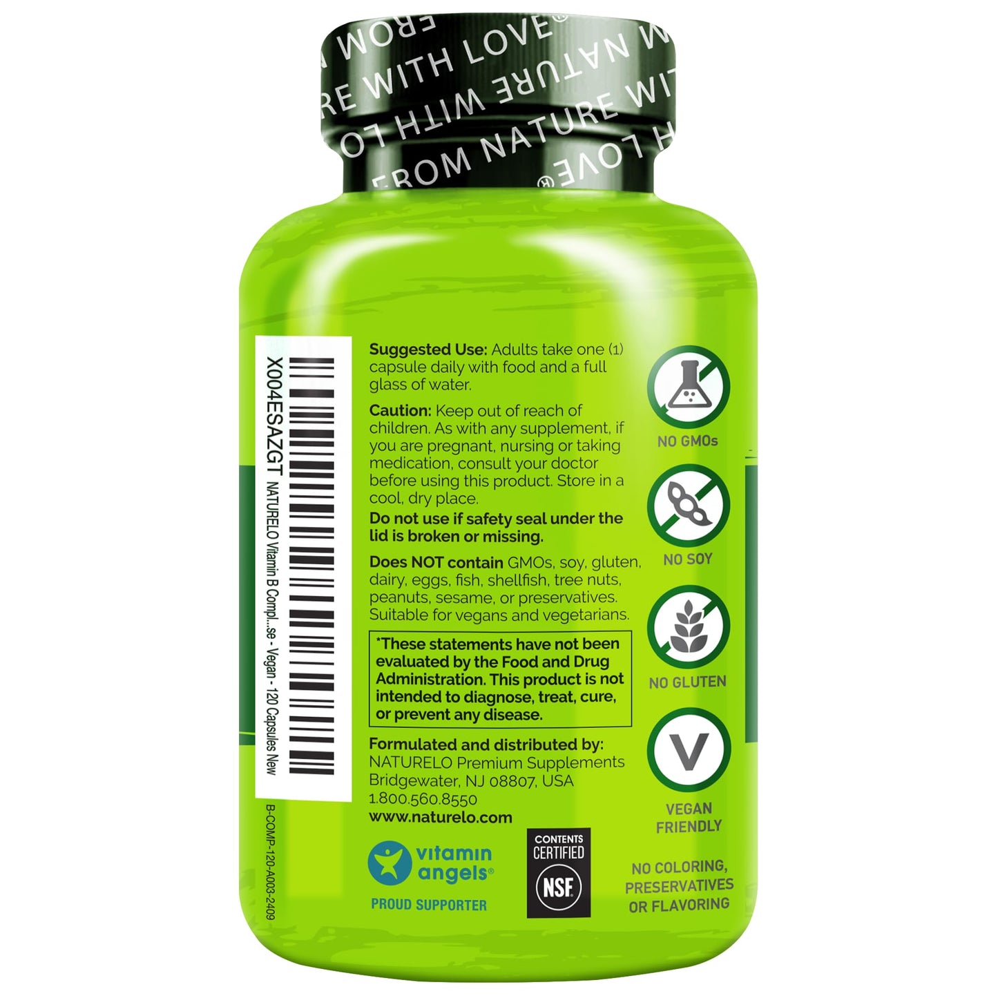 NATURELO Vitamin B Complex,120 Capsules, Vegan, CoQ10, Methyl Folate, Biotin, Fruit & Veg Blend, Supports Energy and Healthy Stress Response NATURELO