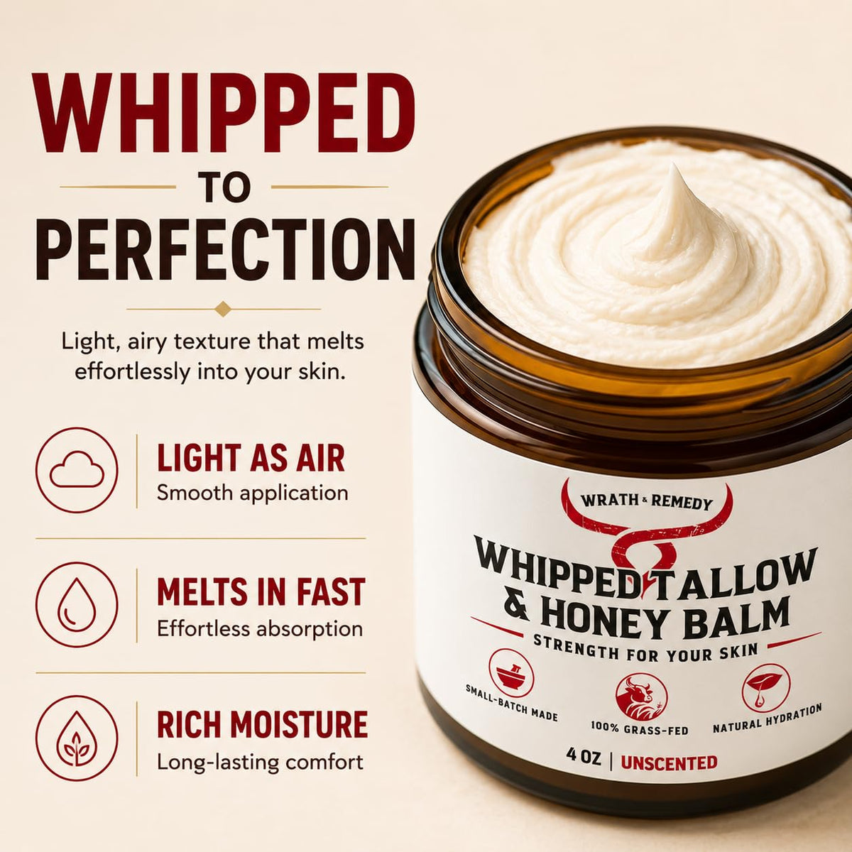 Organic Beef Tallow for Skin, Made in USA, Handcrafted, Unscented, 4 oz Wrath & Remedy