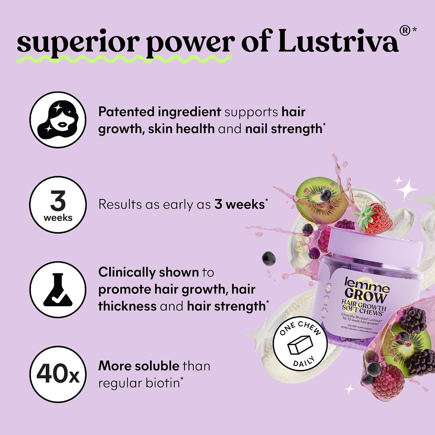 Lemme Grow Hair Growth Booster Soft Chews w/Vitamins for Women and Men with Clinically Studied Lustriva and Biotin, Promotes Thicker, Fuller, Stronger Hair, Mixed Berry, 30 Day Supply