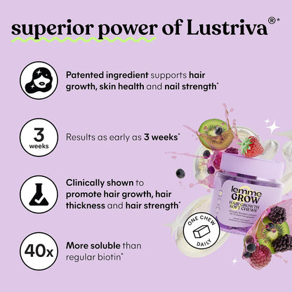 Lemme Grow Hair Growth Booster Soft Chews w/Vitamins for Women and Men with Clinically Studied Lustriva and Biotin, Promotes Thicker, Fuller, Stronger Hair, Mixed Berry, 30 Day Supply