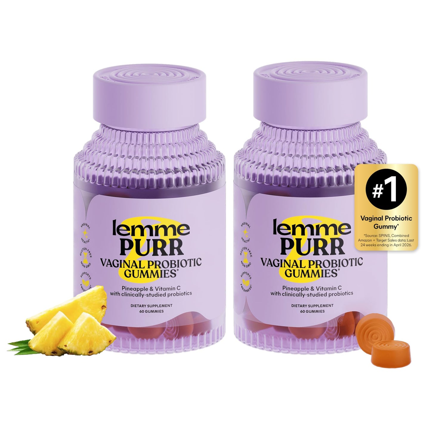 Lemme Purr Vaginal Probiotic Gummies for Women - Balanced pH, Healthy Odor, Yeast Balance & Flora Support + Vitamin C for Immune Health - Tasty Pineapple (60 Count)