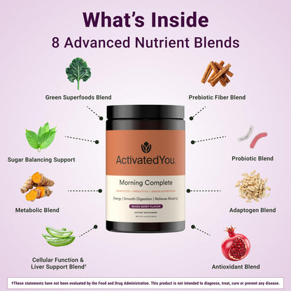 ActivatedYou Morning Complete Super Greens Powder Drink Mix - Gut Health Boost with Prebiotics, Probiotics, & Antioxidants - 10 Billion CFUs, Mixed Berry Flavor ACTIVATEDYOU