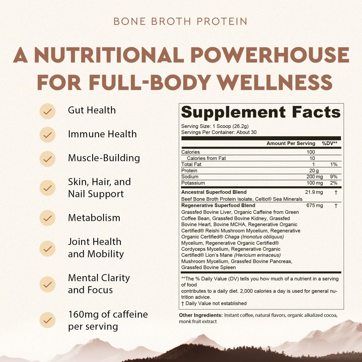 Ancestral Supplements Grass Fed Protein Powder, Chocolate, Beef Bone Broth Based w/Beef Organs & Organic Mushrooms, Gut Health Support, High Protein Supplement, 20g Protein Per Serving, 30 Day Supply