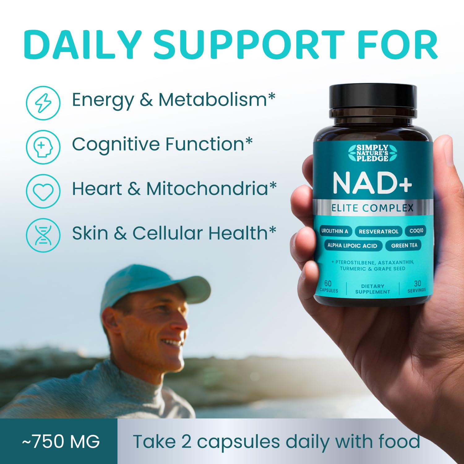 NAD+ Elite Complex – Direct NAD+ 300 mg with Urolithin A, Resveratrol, CoQ10 & Antioxidant Blend – Cellular Energy, Mitochondrial Support & Healthy Aging – Vegan, Non-GMO, 60 Capsules (30 Servings) Simply Nature's Pledge buy australia supplements