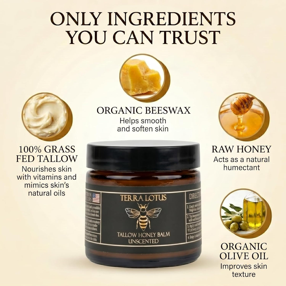 Terra Lotus - Organic Grass-Fed Beef Tallow Balm with Raw Honey - Moisturizing Cream - Handmade All-Natural Moisturizer (2 Oz, Unscented) Terra Lotus