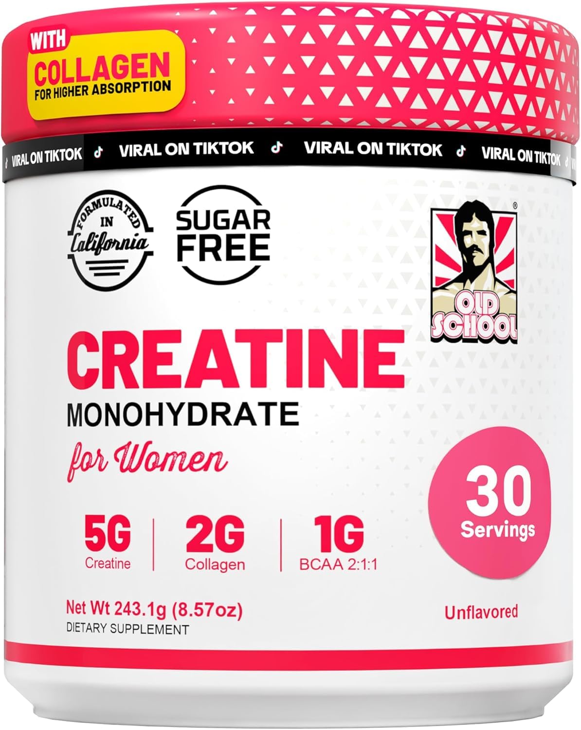Old School Labs Creatine for Women – Post-Workout Supplement with 5000mg Creatine Monohydrate Powder, 2000mg Collagen & BCAA 2:1:1 for Strength Support & Recovery