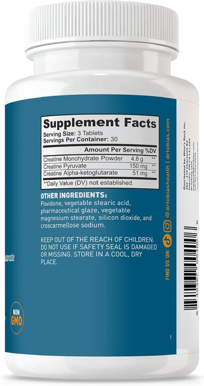 Dr. Tobias Creatine Monohydrate Pills | 5g Complex with Creatine Alpha-Ketoglutarate & Pyruvate | Muscle Strength, Energy & Recovery | 90 Tablets