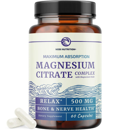 Magnesium Citrate Complex 500 MG for Constipation & Digestion Support | High Absorption Magnesium Supplement | Citrato de Magnesio | Calm & Relaxation Nobi Nutrition