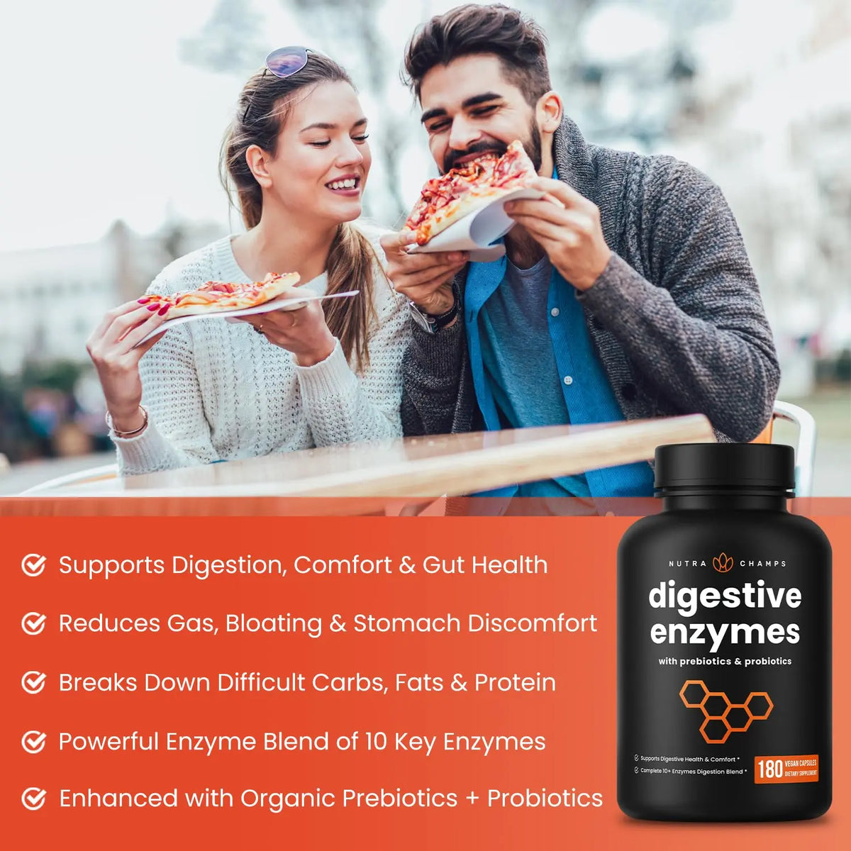 NutraChamps Digestive Enzymes with Probiotics and Prebiotics for Women & Men - 180 Vegan Capsules with Bromelain for Bloating & Optimal Gut Health NutraChamps
