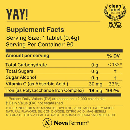 NovaFerrum Yay | Chewable Iron Supplement for Kids & Adults Ages 4 and Over | 18mg of Iron | 90 Servings | Sugar Free NovaFerrum