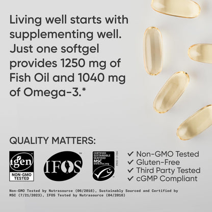 Sports Research® Omega-3 Fish Oil 1250mg from Wild Alaska Pollock, 90 Count | Always Fresh Never Fishy | 690mg EPA 260mg DHA per Softgel · Heart & Brain Health* · MSC Certified Sustainable - 90 Servings Gsupps Australia