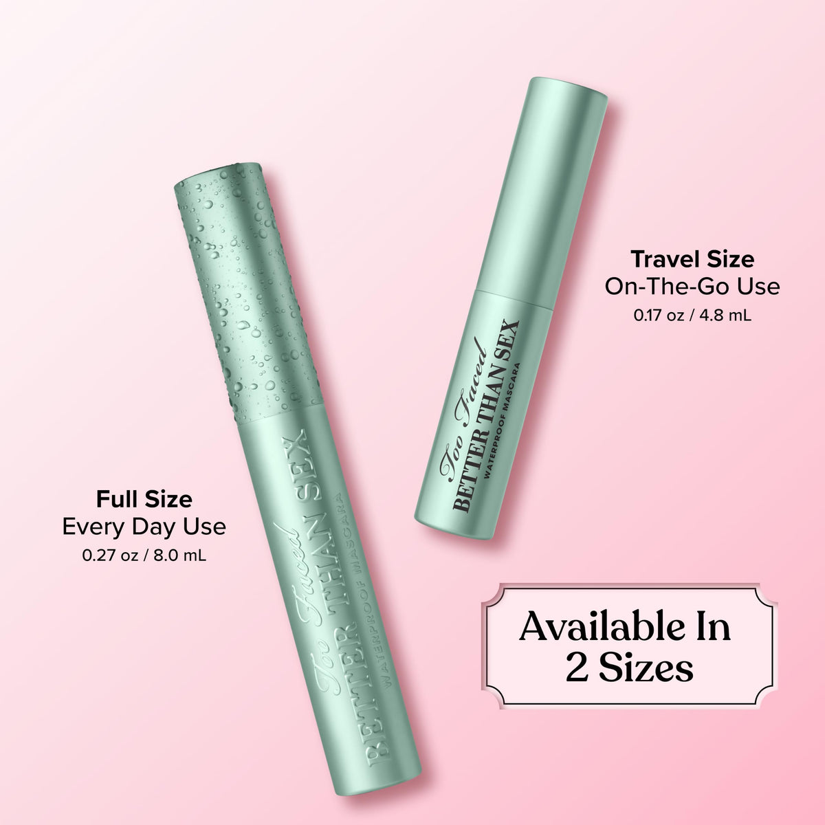 Too Faced Better Than Sex Waterproof Mascara | Volumizing and Lengthening Waterproof Mascara + Hourglass Brush | Formula for Dramatic Lashes | Cruelty-Free Eye Makeup, Black, Travel Size, 0.17 Fl Oz Too Faced