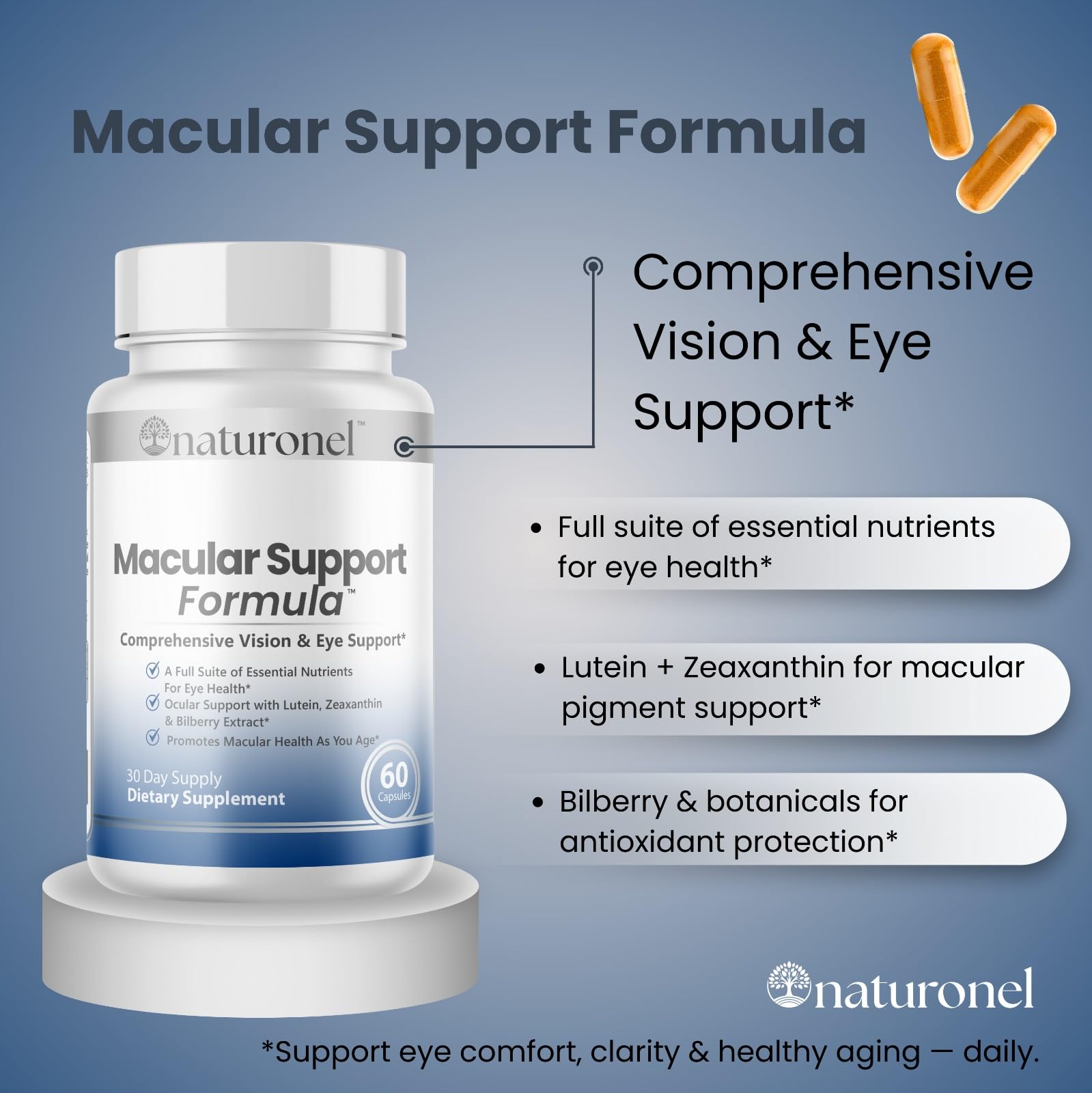 Naturonel Macular Support Formula – Vision & Eye Health with Lutein, Zeaxanthin, Bilberry, Eyebright & Antioxidants | Non-GMO, Made in USA, GMP Certified – 60 Capsules, 30 Day Supply (1) Naturonel buy australia supplements