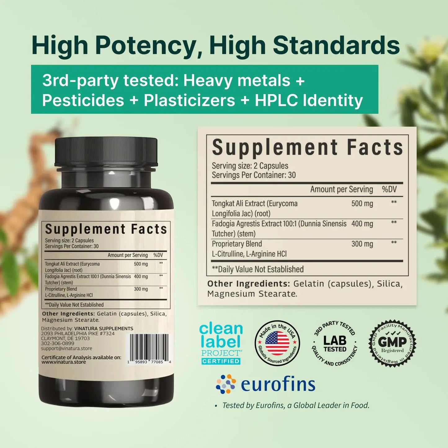 Tongkat Ali Fadogia Agrestis - 1200mg, Enhanced with Nitric Oxide Booster Supplement, Longjack Tongkat Ali for Men, VINATURA