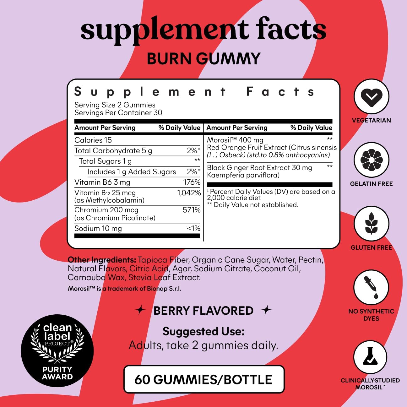 Lemme Burn Belly Fat & Metabolism Gummies for Women & Men with Clinically Studied Morosil, Black Ginger, B6, B12, Chromium, Vegan, Gluten-Free, Berry Flavor (60 Count)