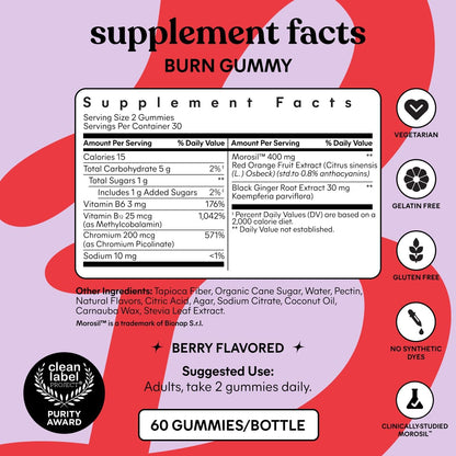 Lemme Burn Belly Fat & Metabolism Gummies for Women & Men with Clinically Studied Morosil, Black Ginger, B6, B12, Chromium, Vegan, Gluten-Free, Berry Flavor (60 Count)