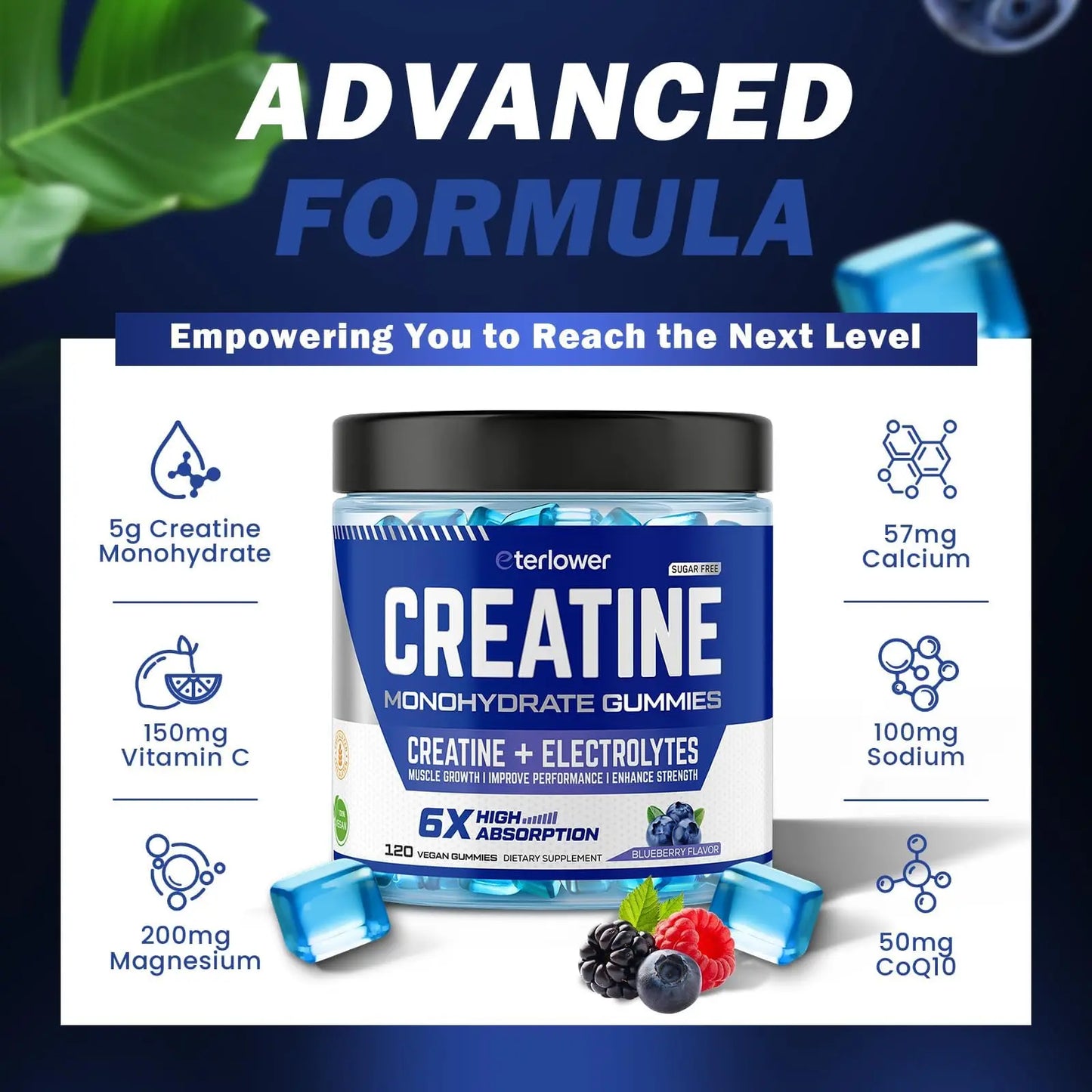 eterlower Creatine Monohydrate Gummies 5g – Pre-Workout Energy & Muscle Growth Support for Men & Women | Blueberry Electrolyte Gummies, 120 Count eterlower