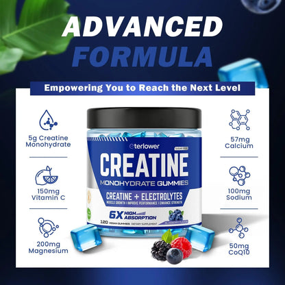eterlower Creatine Monohydrate Gummies 5g – Pre-Workout Energy & Muscle Growth Support for Men & Women | Blueberry Electrolyte Gummies, 120 Count eterlower