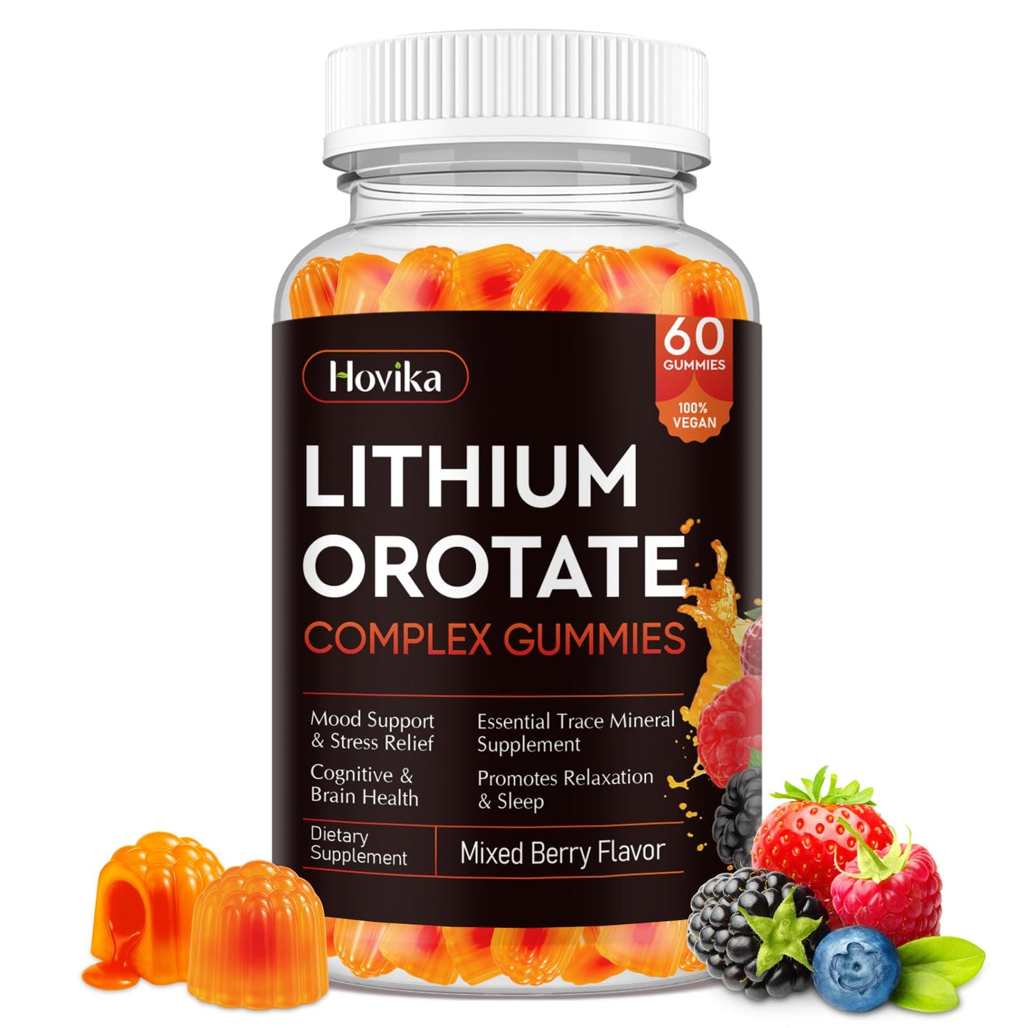 Lithium Orotate 5mg 10mg Gummies Lithium Supplements with Vitamin B, Magnesium & Selenium for Mood Support, Stress Relief, Brain Health, Non-GMO, Vegan, Gluten Free Hovika