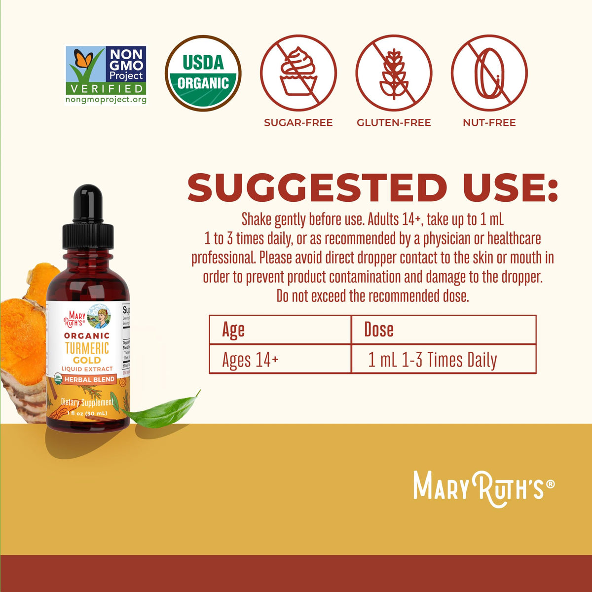 MARYRUTH'S Organics USDA Turmeric Gold Liquid Drops | Herbal Blend | Turmeric Curcumin | Black Pepper | Cassia Cinnamon Bark | Ginger Root | Immune Support MARYRUTH'S