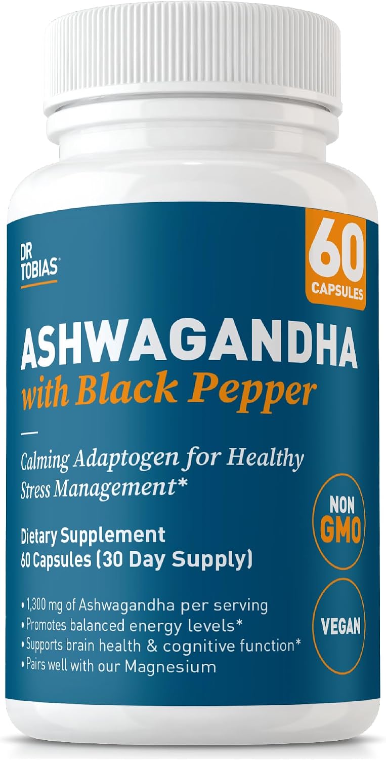 Dr. Tobias Ashwagandha Capsules - 1300mg Organic Ashwagandha Root Extract Per Serving with Black Pepper | Calming Adaptogen Energy & Focus Supplement (60 Vegetarian Capsules)