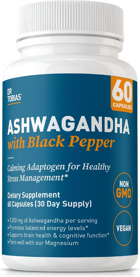 Dr. Tobias Ashwagandha Capsules - 1300mg Organic Ashwagandha Root Extract Per Serving with Black Pepper | Calming Adaptogen Energy & Focus Supplement (60 Vegetarian Capsules)