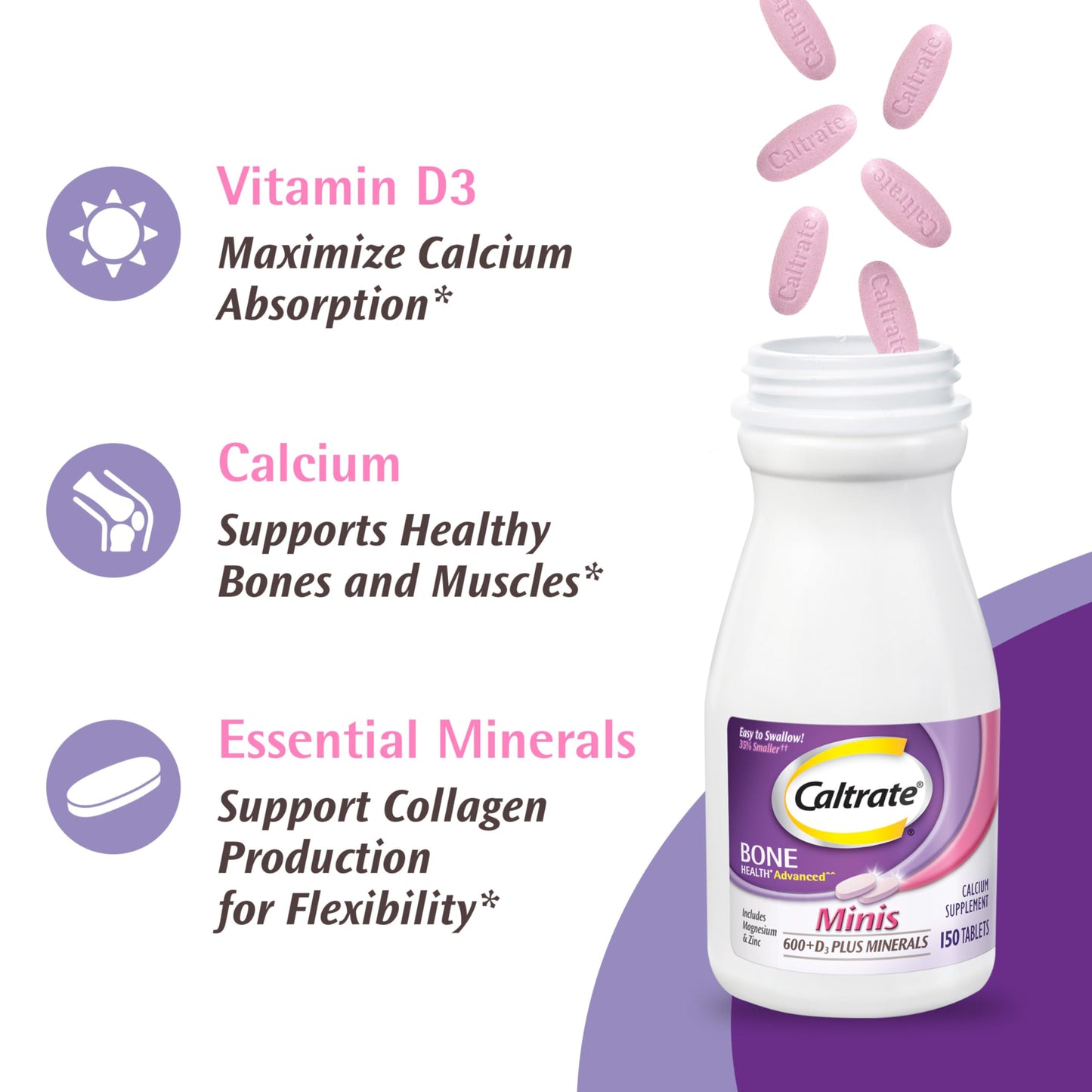 Caltrate Minis 600 Plus D3 Plus Minerals Calcium and Vitamin D Supplement Tablets, Bone Health and Mineral Supplement for Adults - 150 Count Caltrate